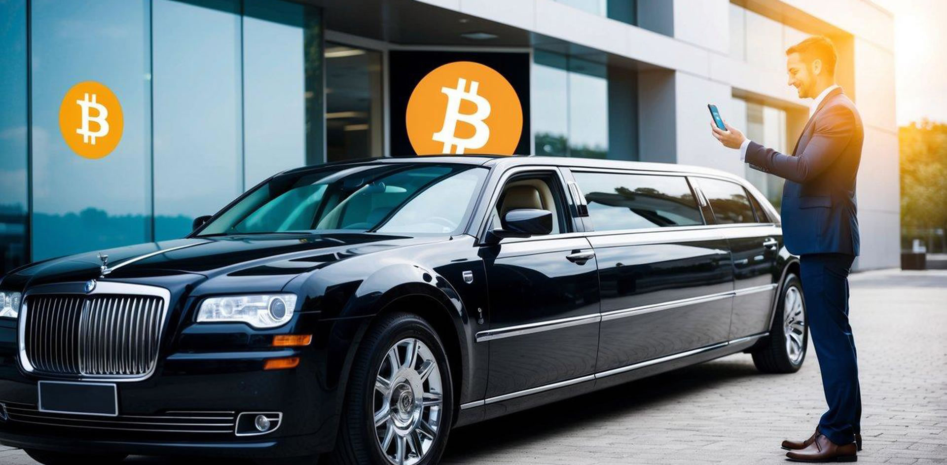 A luxury limousine parked outside a modern building, with a digital currency logo displayed on its exterior. A customer is seen making a payment using a smartphone