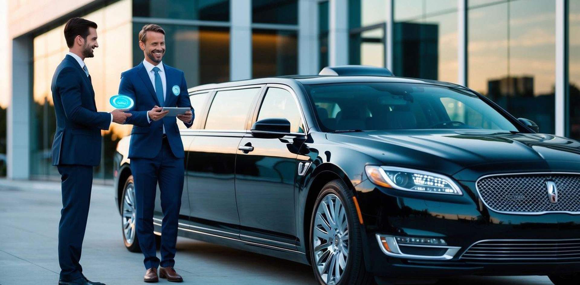 A sleek limo pulls up to a modern building. A passenger hands a digital currency to the driver, who smiles and nods