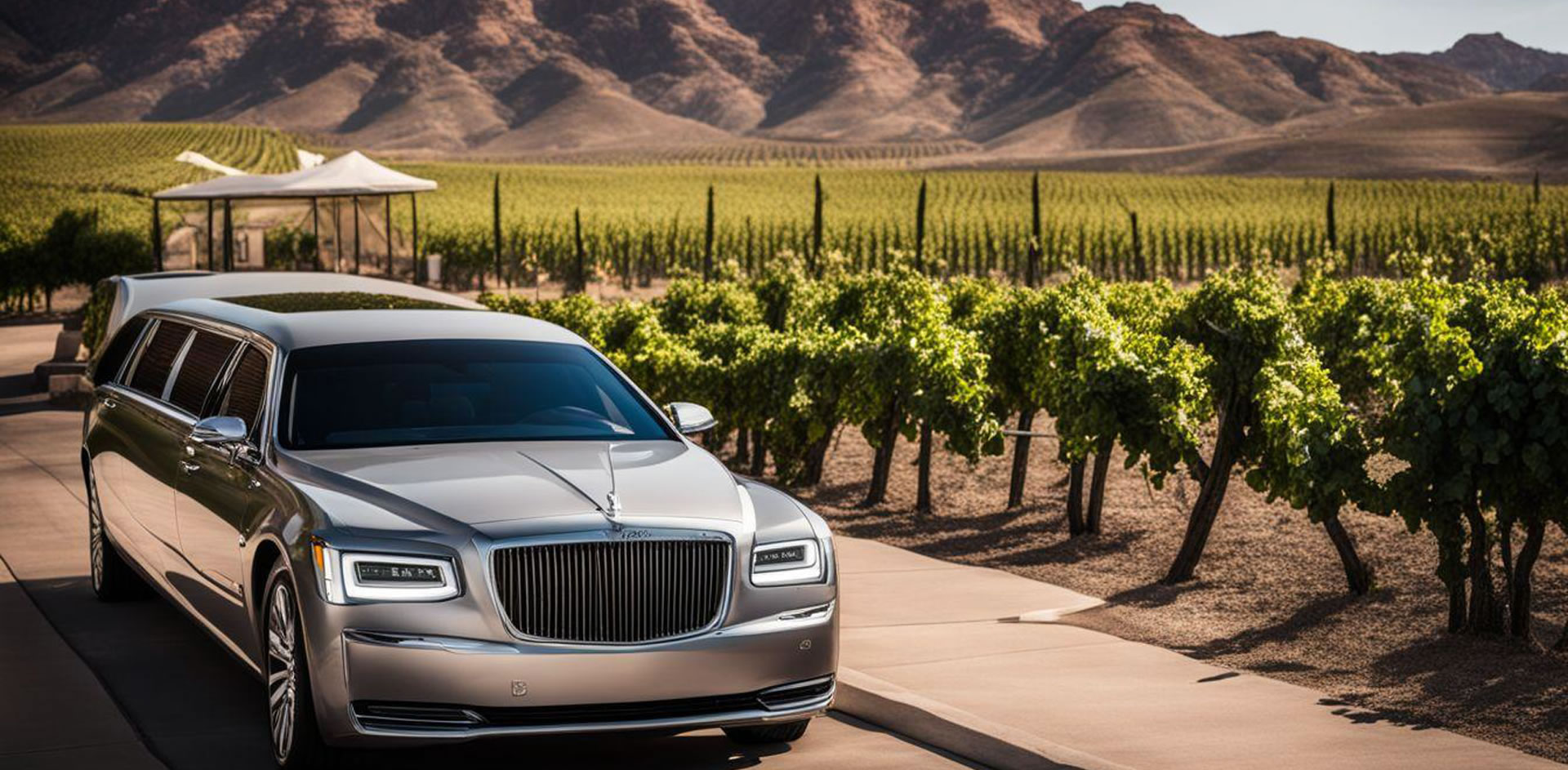 A silver car parked on a road with rows of vines in the background